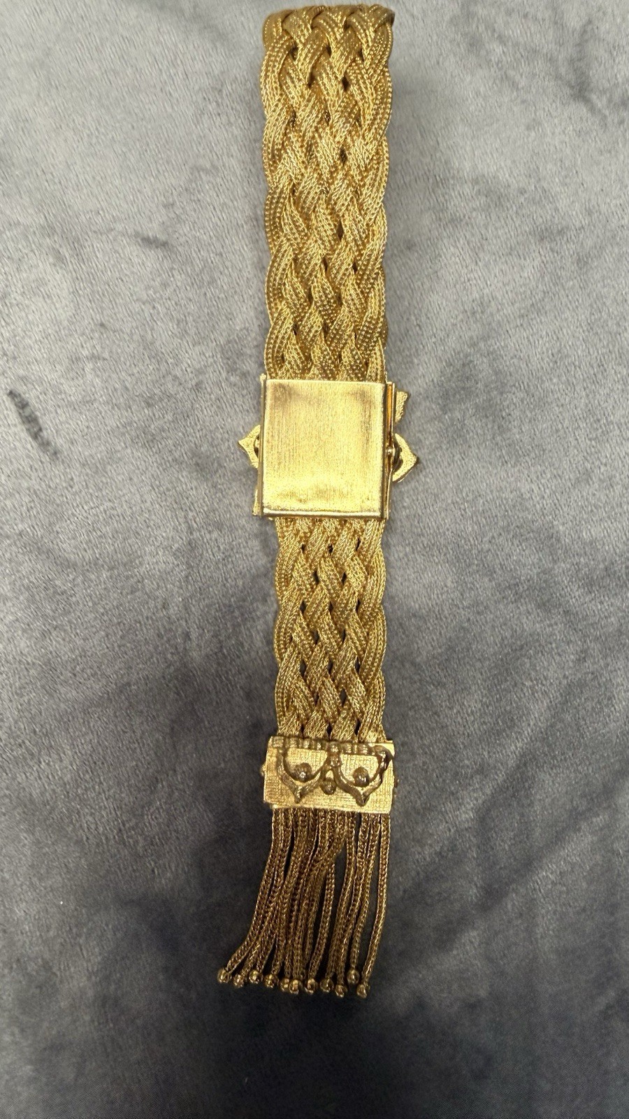 Victorian Antique Gold Filled Woven Mesh Slide Bracelet Tassel Fringe C.1900
