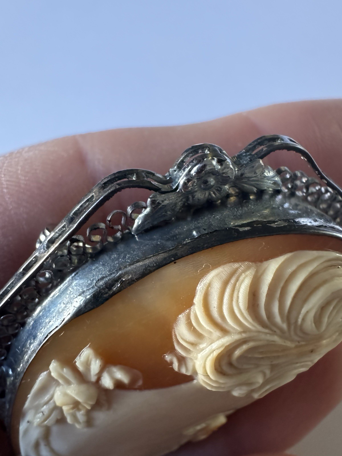 Vintage Genuine carved shell cameo brooch With filigree border *READ*