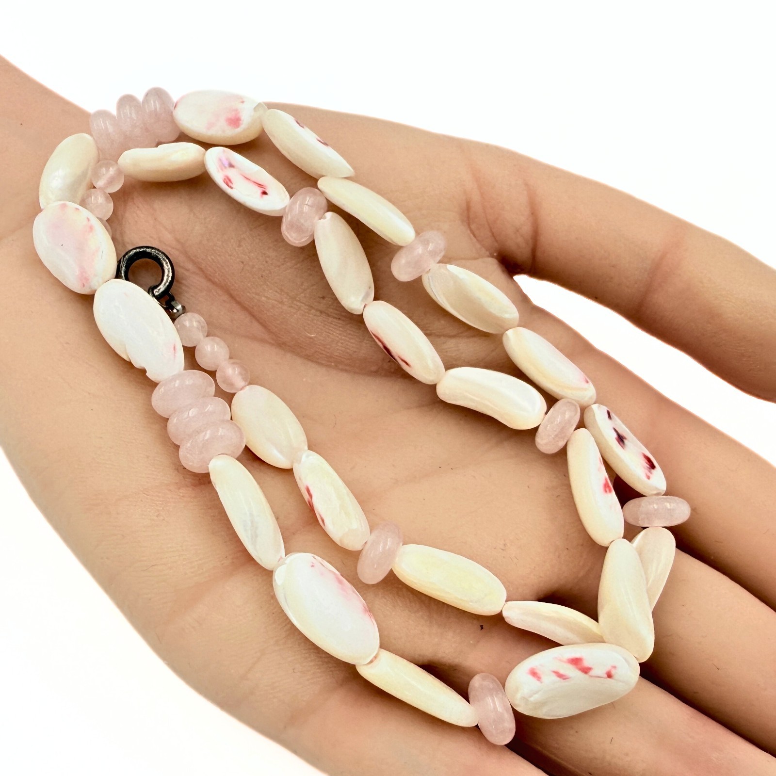 Antique Art Deco Sterling Silver Elongated Shell MOP Rose Quarts Summer Necklace