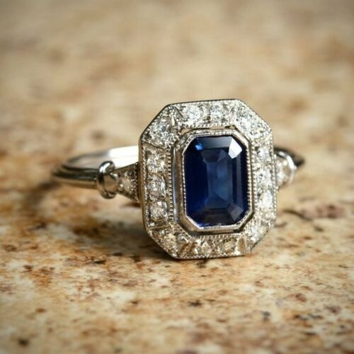 3.40 Ct Natural Blue Sapphire Art Deco Vintage Wedding Ring 925 Sterling Silver