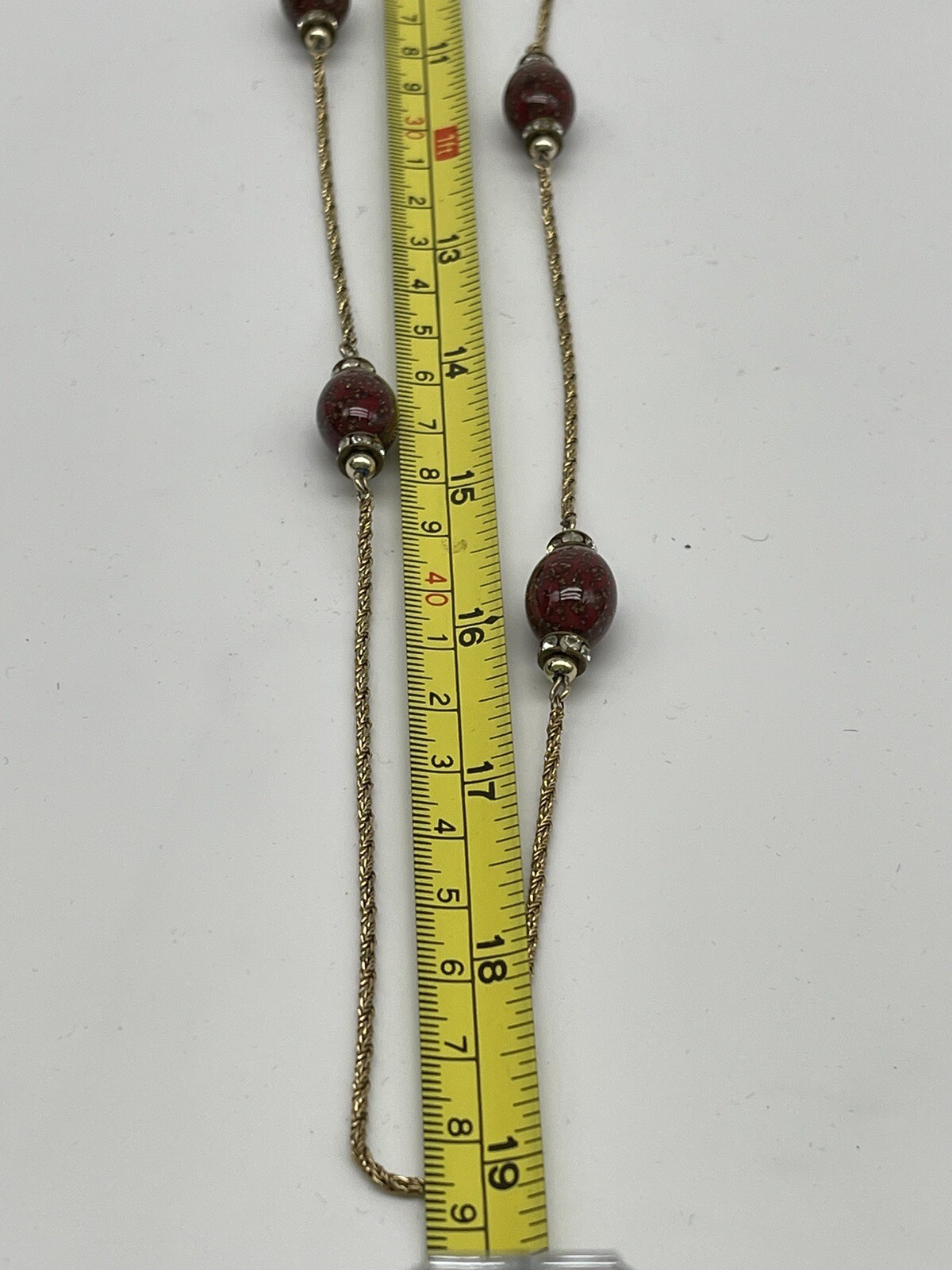 VINTAGE HENKEL GROSSE GERMANY LONG GOLD TONE NECKLACE RED BEAD CRYSTAL 38” 1970’