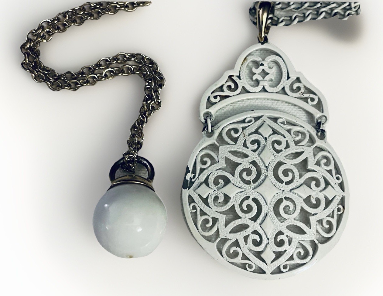 Lot 2 Vintage Longer Necklaces White Gold Tone Scroll Kettle Ball Style Pendant