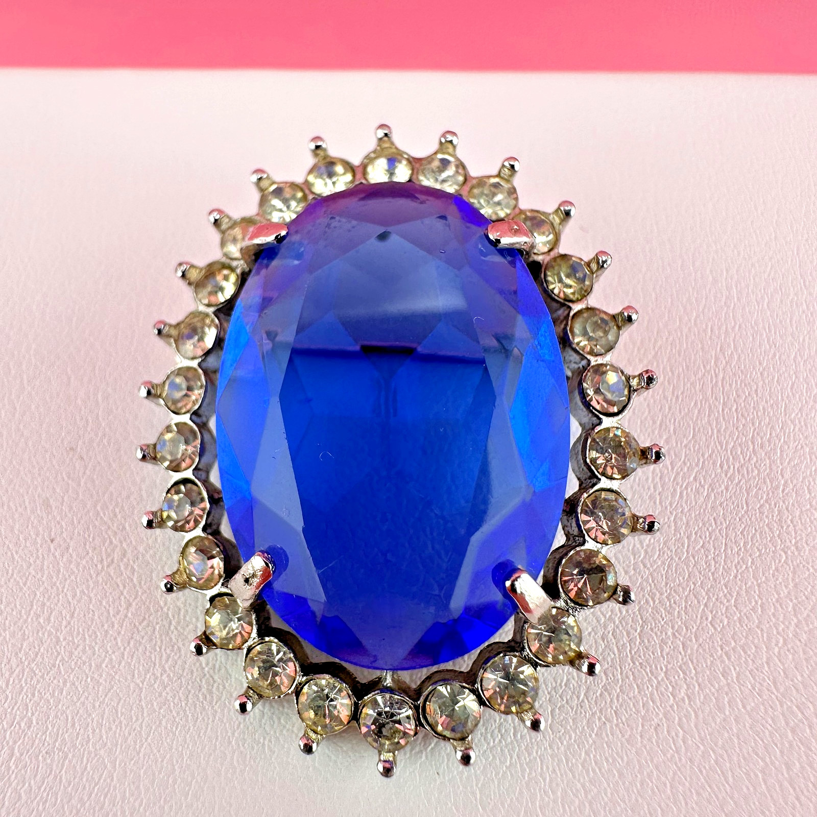 Vintage Crystal Brooch Pendant LG Blue Oval Faceted Stone Open Back Prong Set