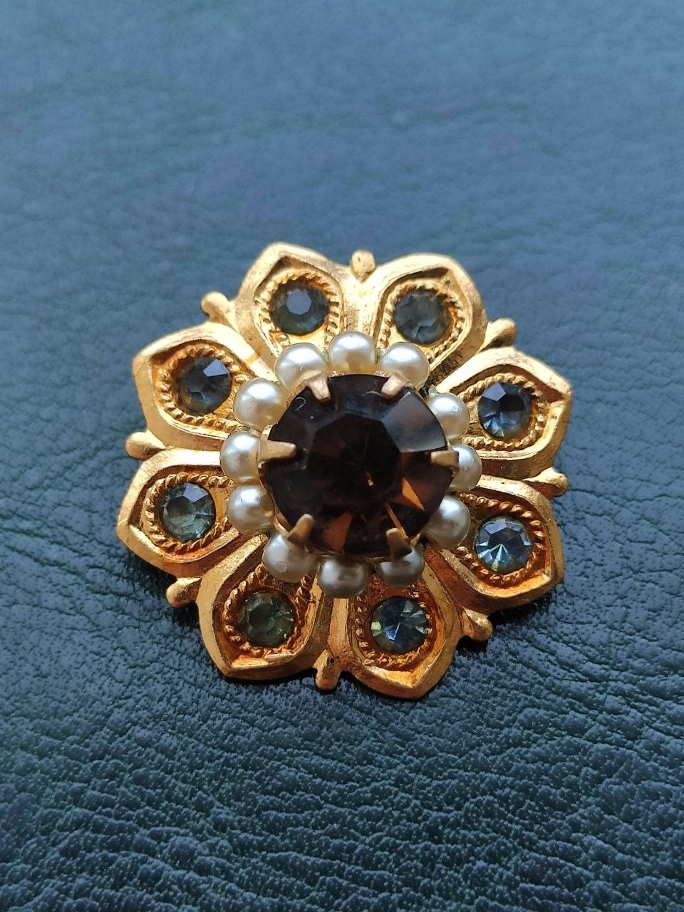 Vintage Brass Flower Brooch | Smoky Crystal & Pearl Pin | Excellent Condition