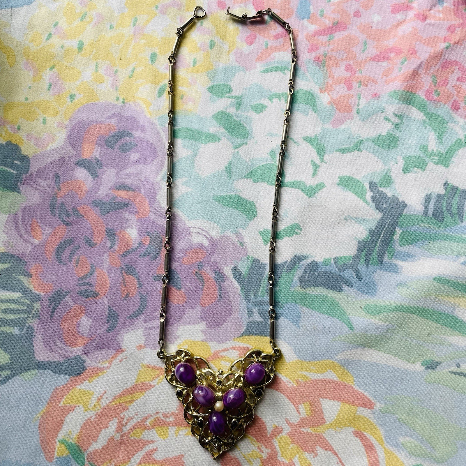 Vintage Chain Link Necklace With Purple Rhinestones Cabochon Beads AS IS