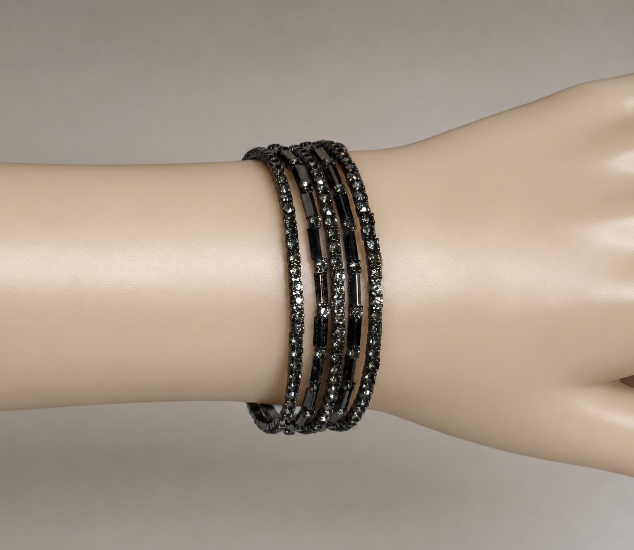 Vintage Black Rhinestone Multi Strand Wrap Bracelet Gunmetal Gothic Glam