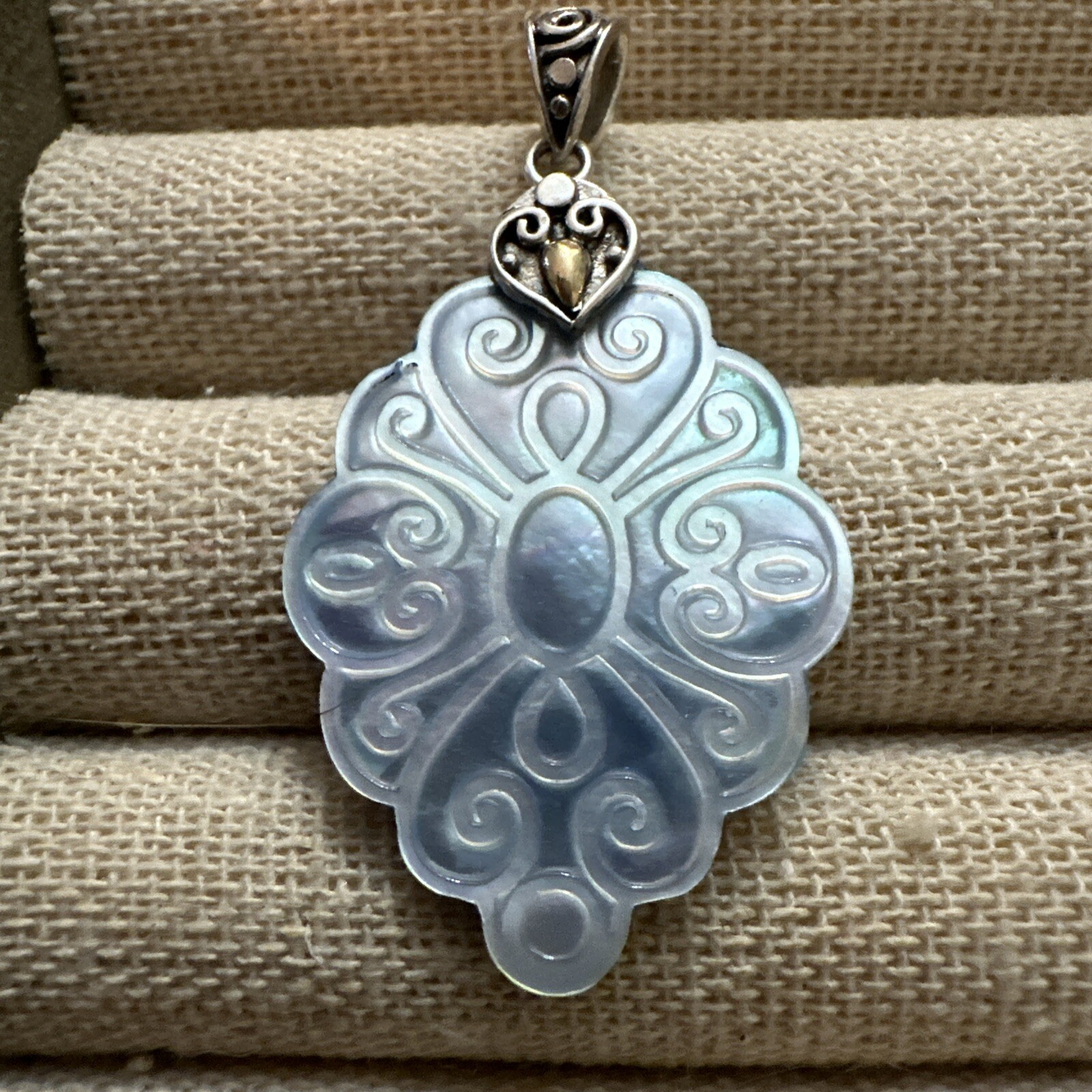 ROBERT MANSE 18K GOLD & STERLING SILVER CARVED MOP MOTHER OF PEARL PENDANT