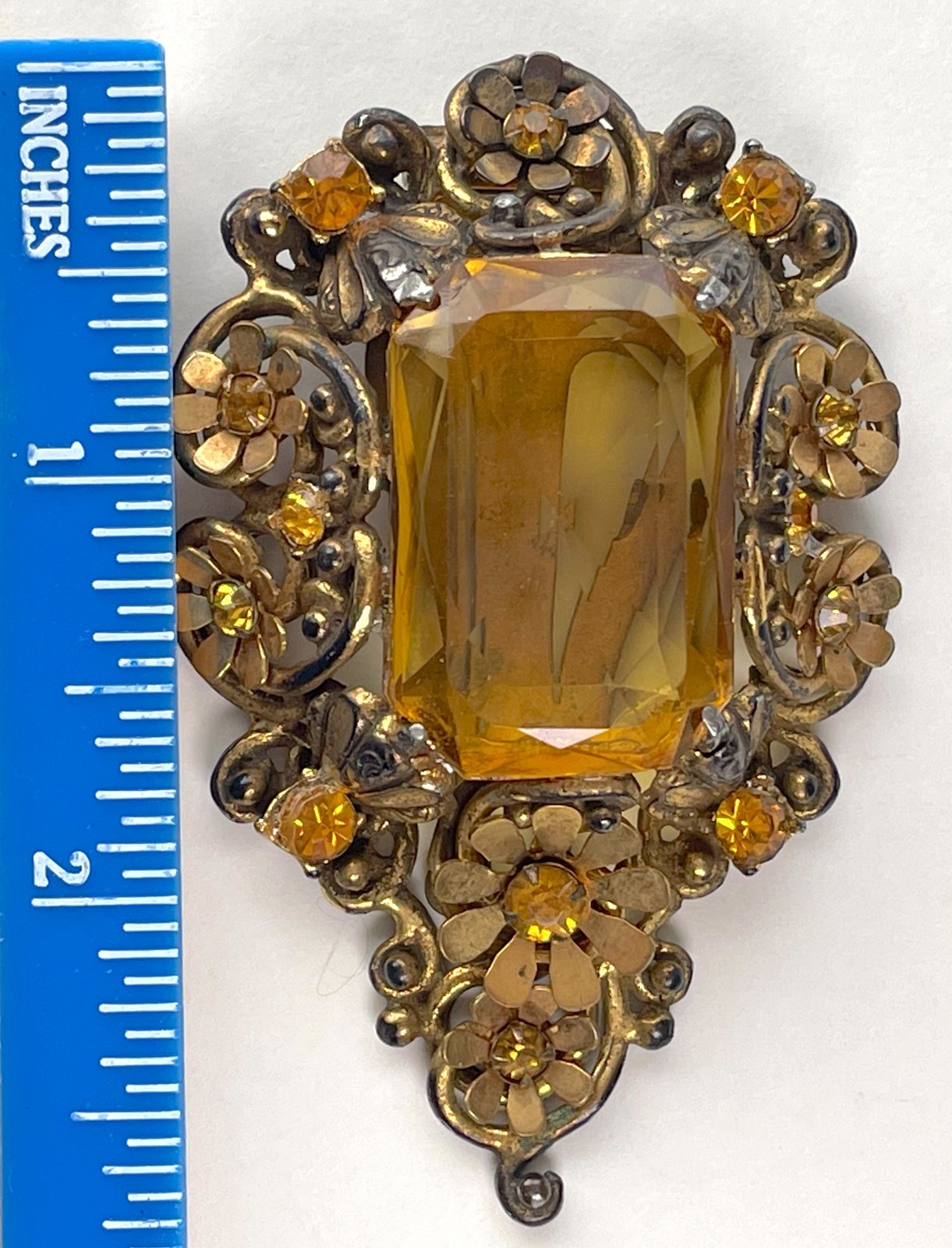 Victorian Clip Brooch | Massive Faux Citrine in Goldtone Metal – Astonishing!