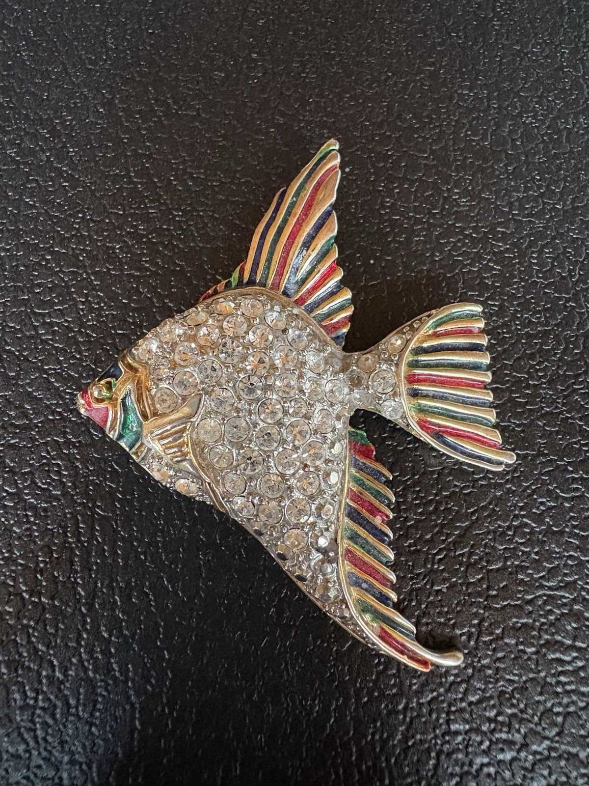 Angel Fish Brooch Pin Gold and Gold Tone Rhinestone and Red Green Enamel