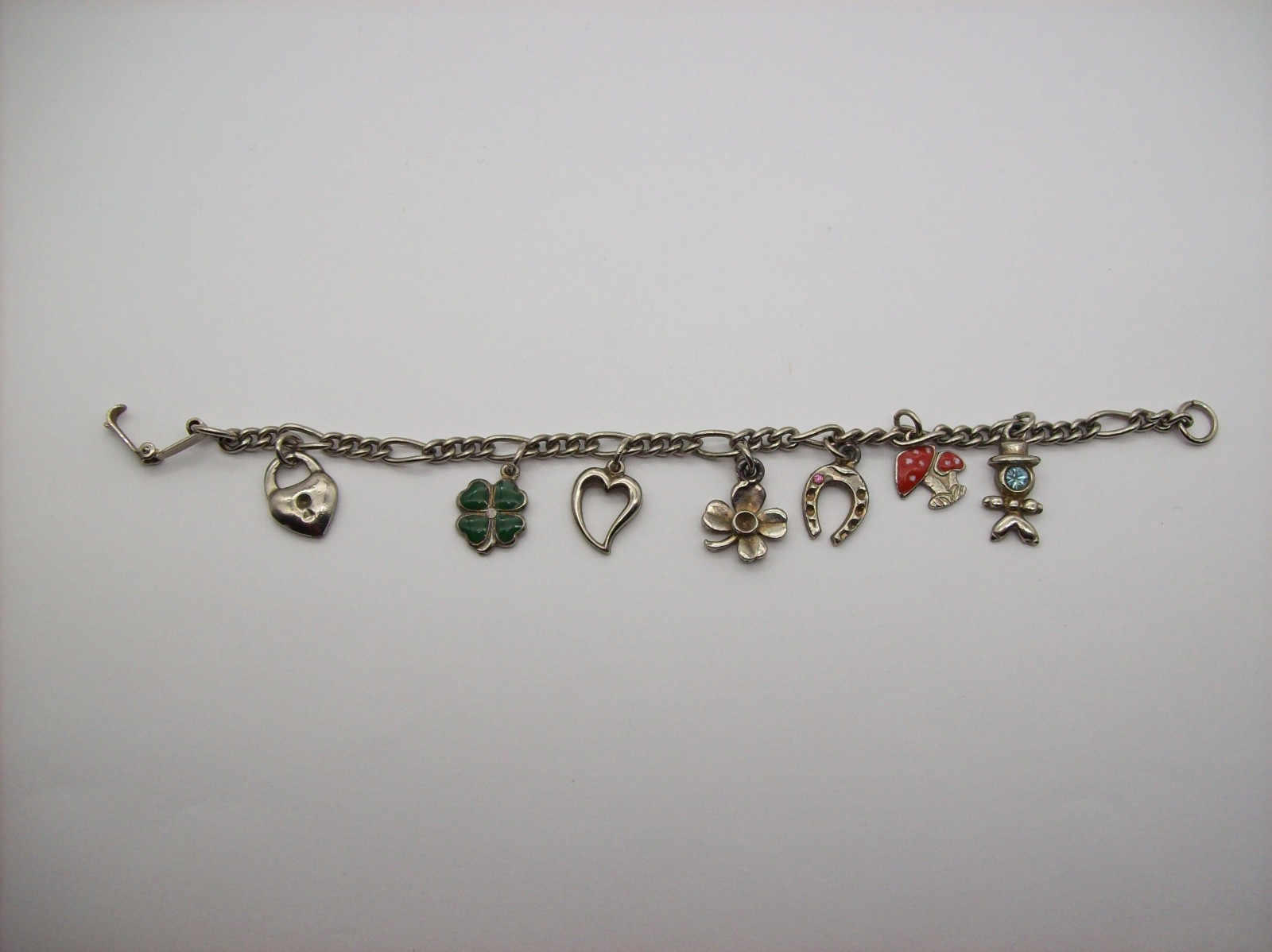 Vintage Silvertone Mix GOOD LUCK Charm Bracelet, Enamel, some made in Germany
