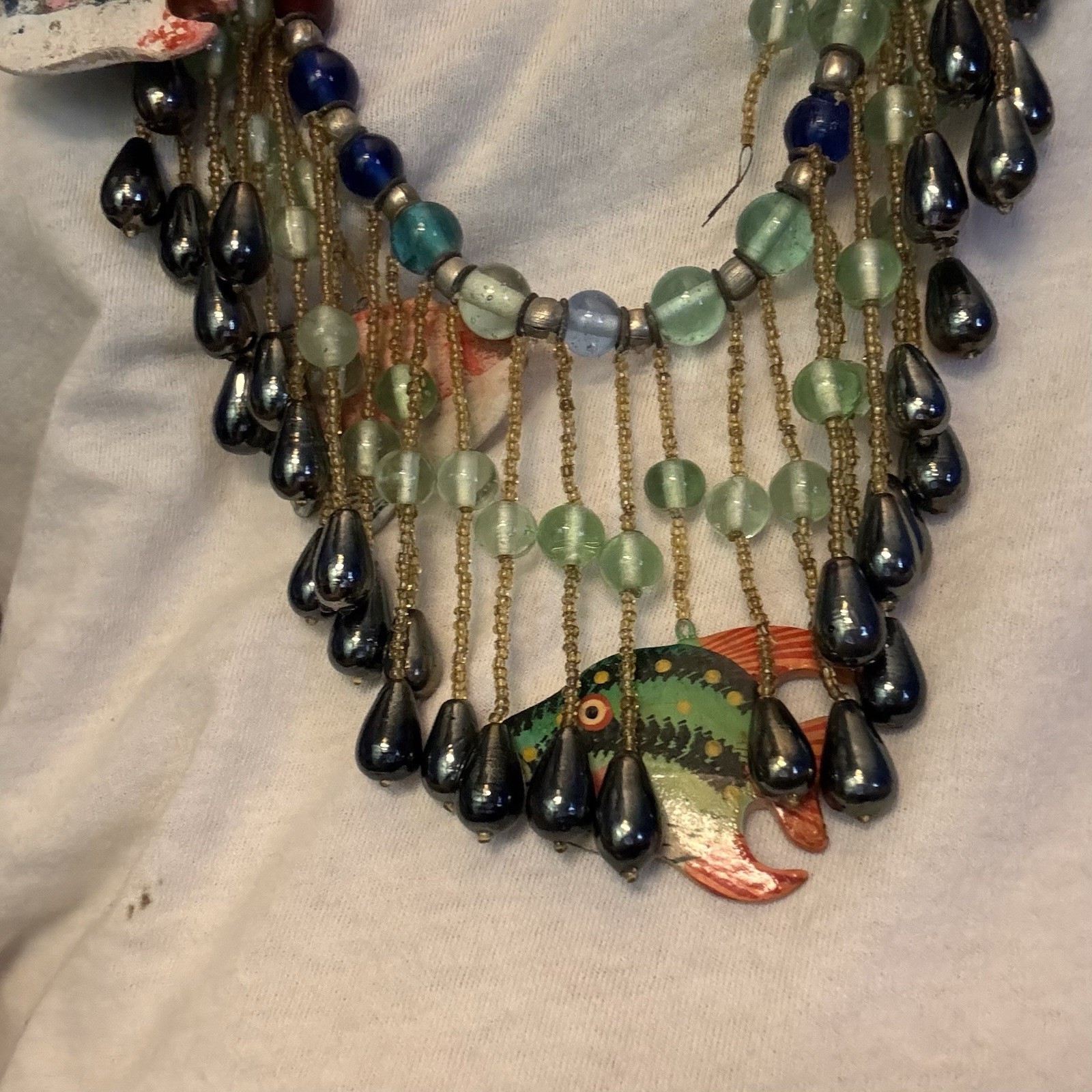 Vintage Tropical Triggerfish Necklace. Beaded, Large, Leave With Rope Tie.