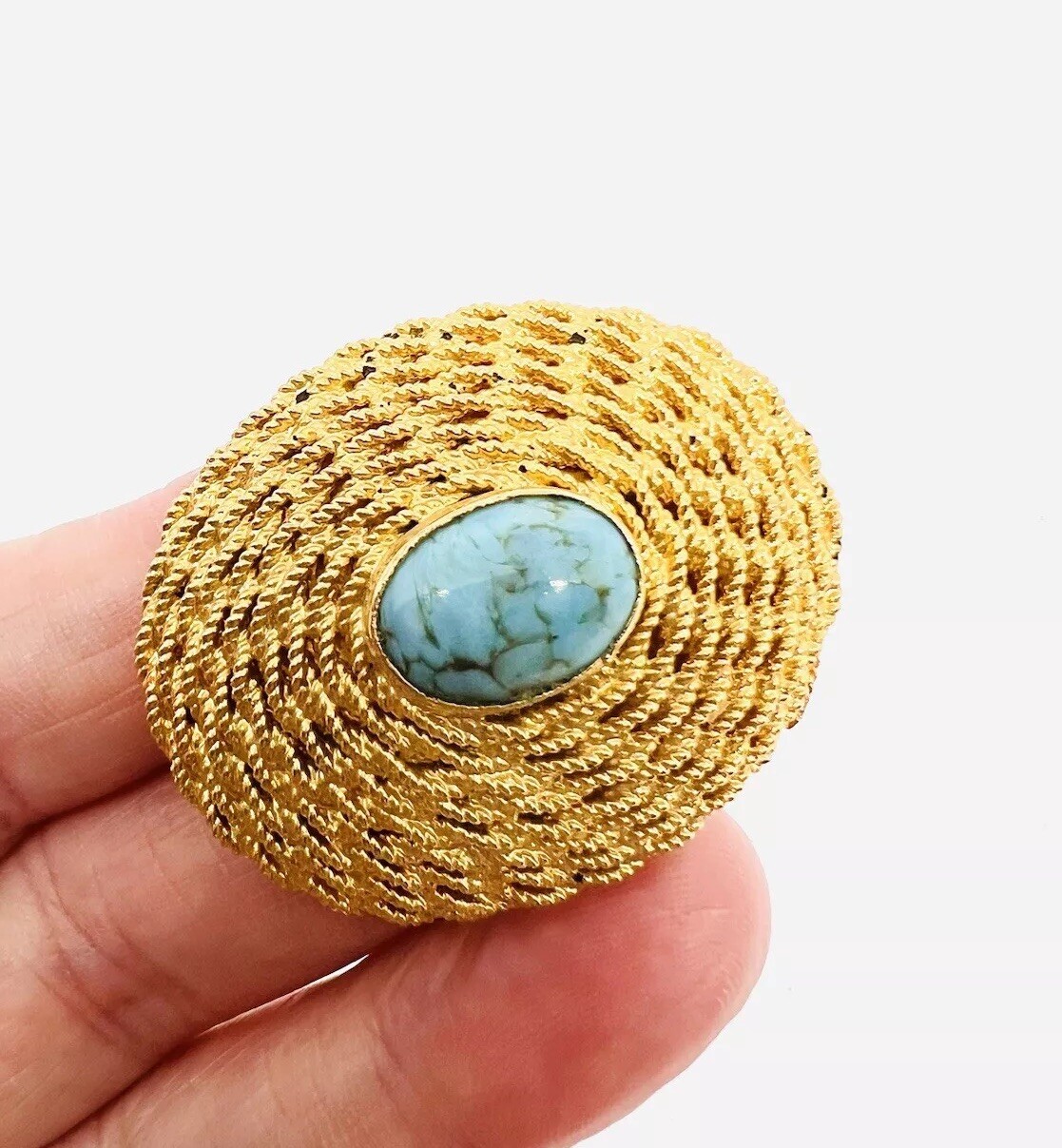 Italy Shiny Gold Plated Rope Twist Turquoise Glass Brooch Signed Vintage Jewelry