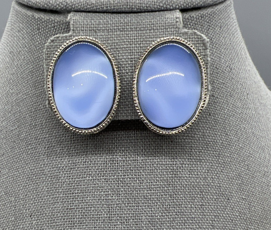 Vintage Blue Oval Clip On Earrings Silver Tone Bezel Cabochon Acrylic Mod Style