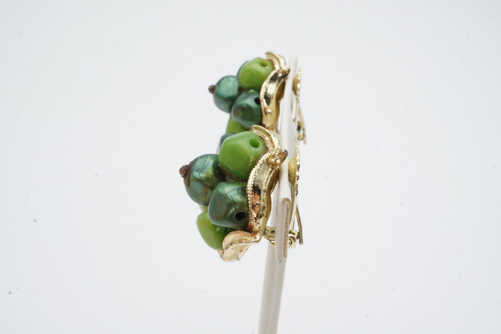 Vintage Clip On Earrings Gold Tone Green Stone