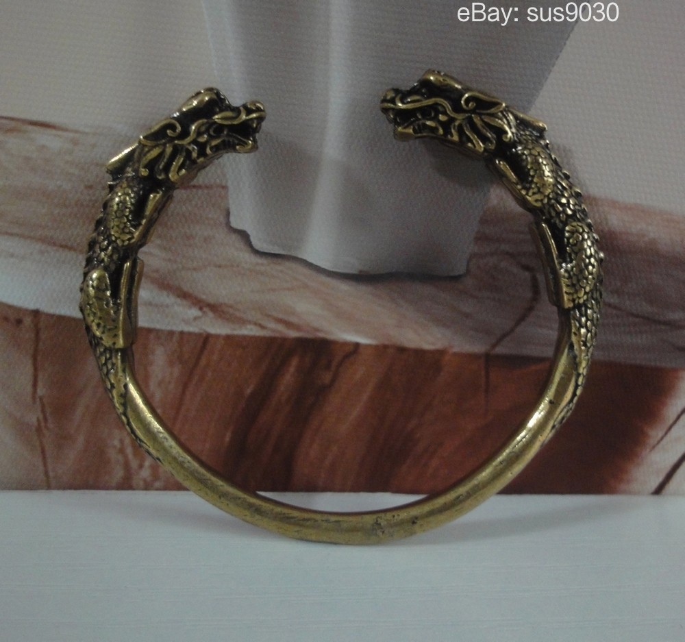 Solid Brass Double Ancient Dragons Figurine Statue Bangle 56MM