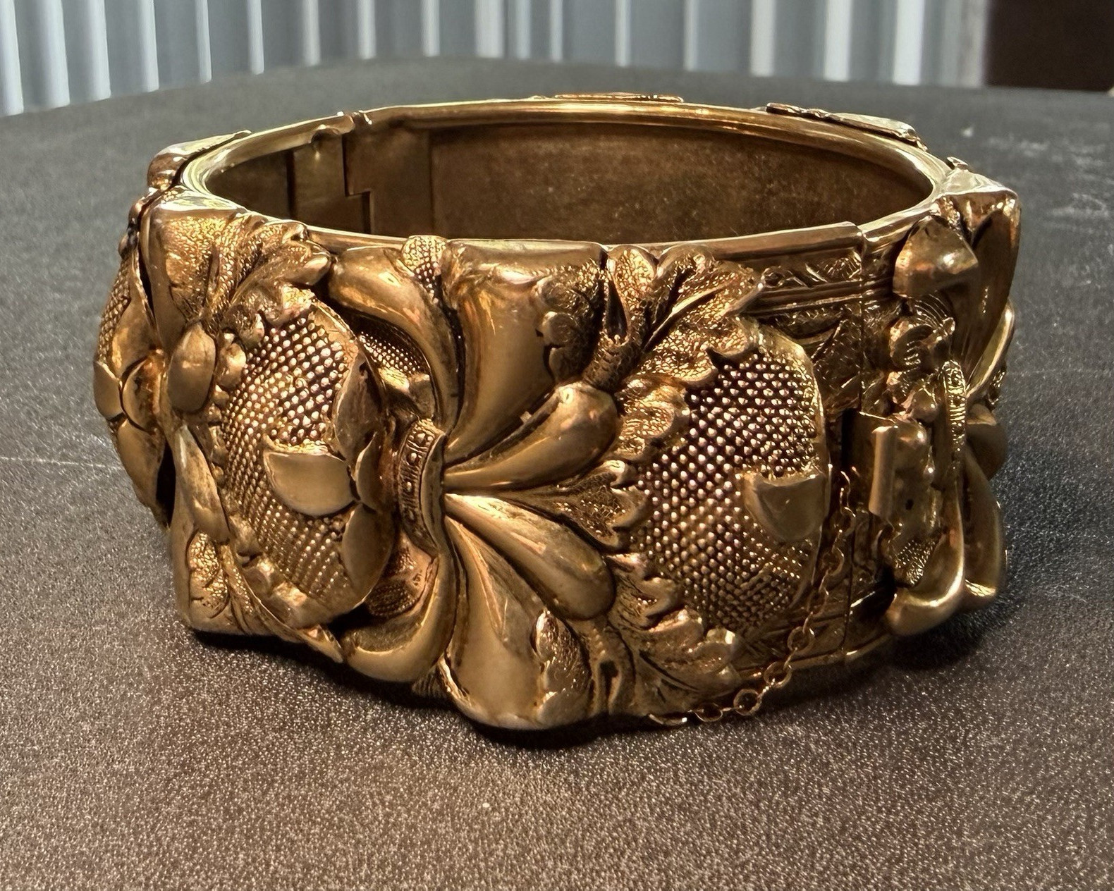 Vintage Vargas Gold Tone Wide Hinged Bracelet Floral Raised Design Safety Chain