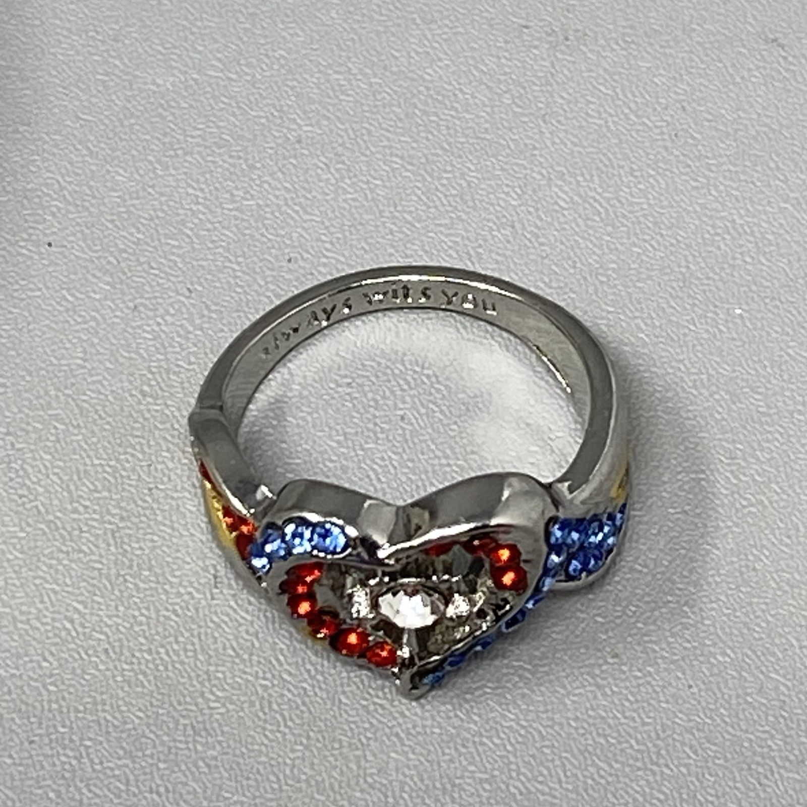 Heart Cocktail Ring Red White Blue Crystals Silver Tone Always With You Engraved