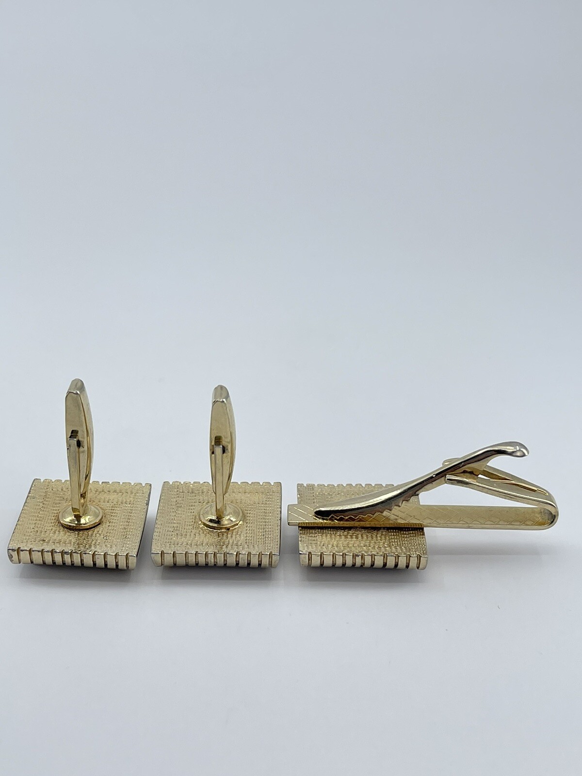 Cufflinks and Tie Clip Set concave glass rectangle gold tone