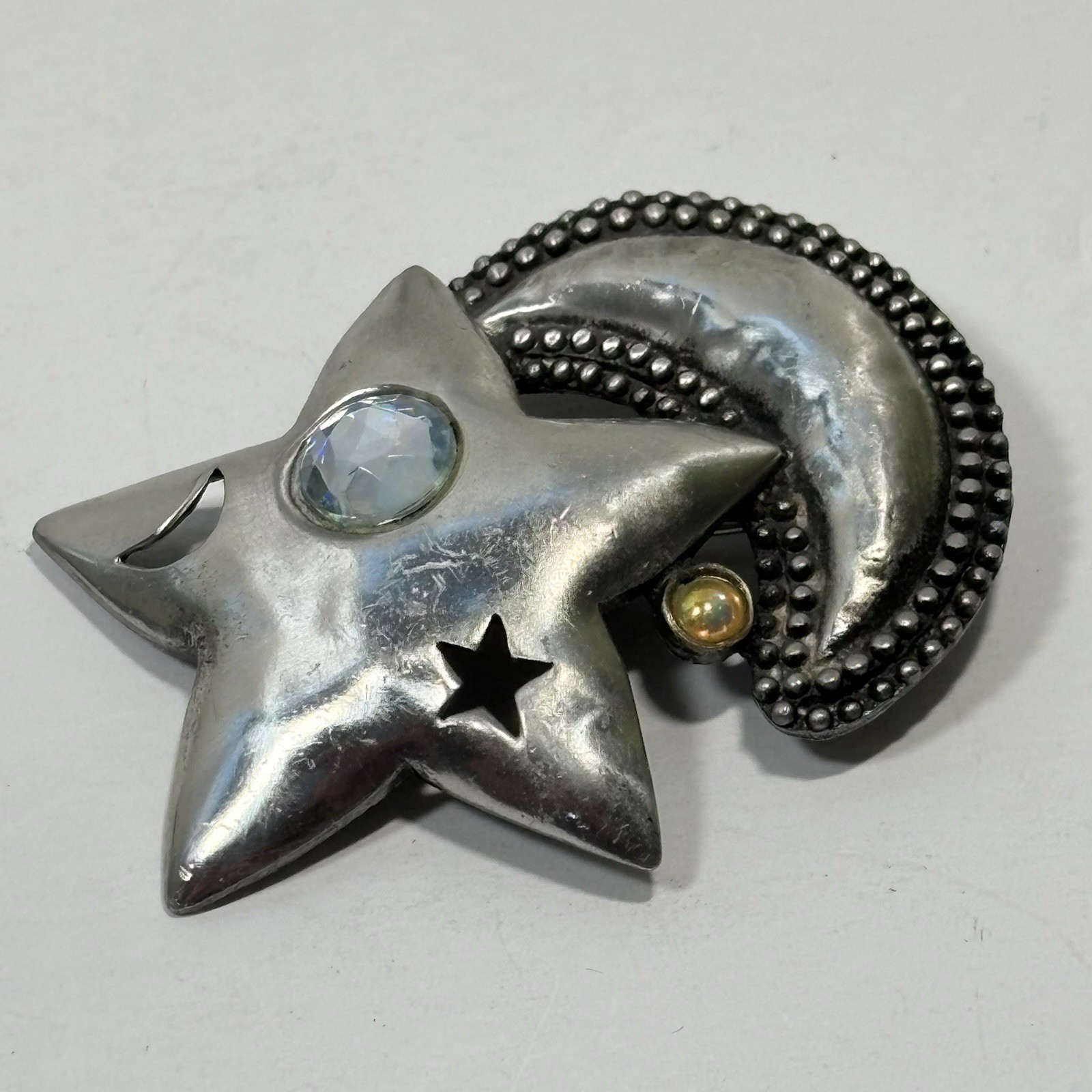 Vintage J.J Jonette Pewter Star Crescent Moon Pin Crystals Pierced Celestial 2″