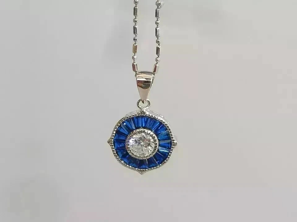 Art Deco Style Lab Created Diamond & Sapphire 14K White Gold FN Wedding Pendant