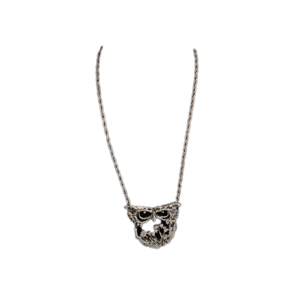 Vintage Brutalist Owl Abstract Pendant Necklace Silvertone