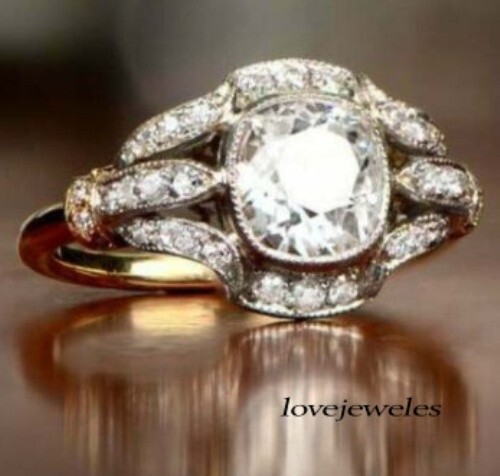 3.50CT Cushion Cut Lab-Created Diamond Vintage Art Deco Ring 14K 2-Tone Gold FN