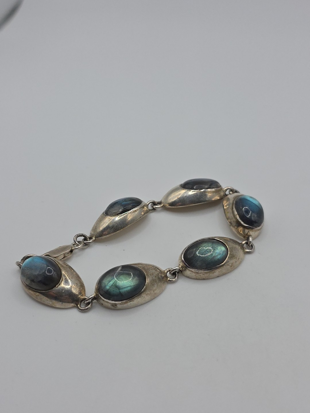 Vintage Sterling Silver 925 Labradorite Oval Link Bracelet 7.25″ 31g