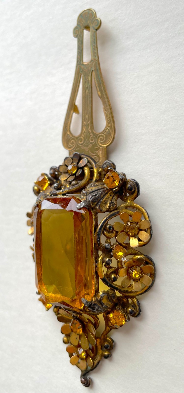Victorian Clip Brooch | Massive Faux Citrine in Goldtone Metal – Astonishing!