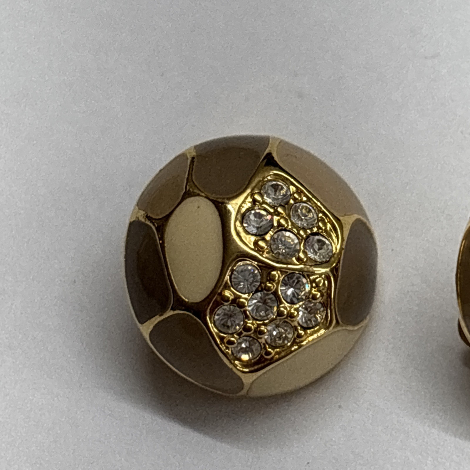 Joan Rivers Enamel Ball Stud Earrings Nude Tan Pave Crystal VTG Flat Back