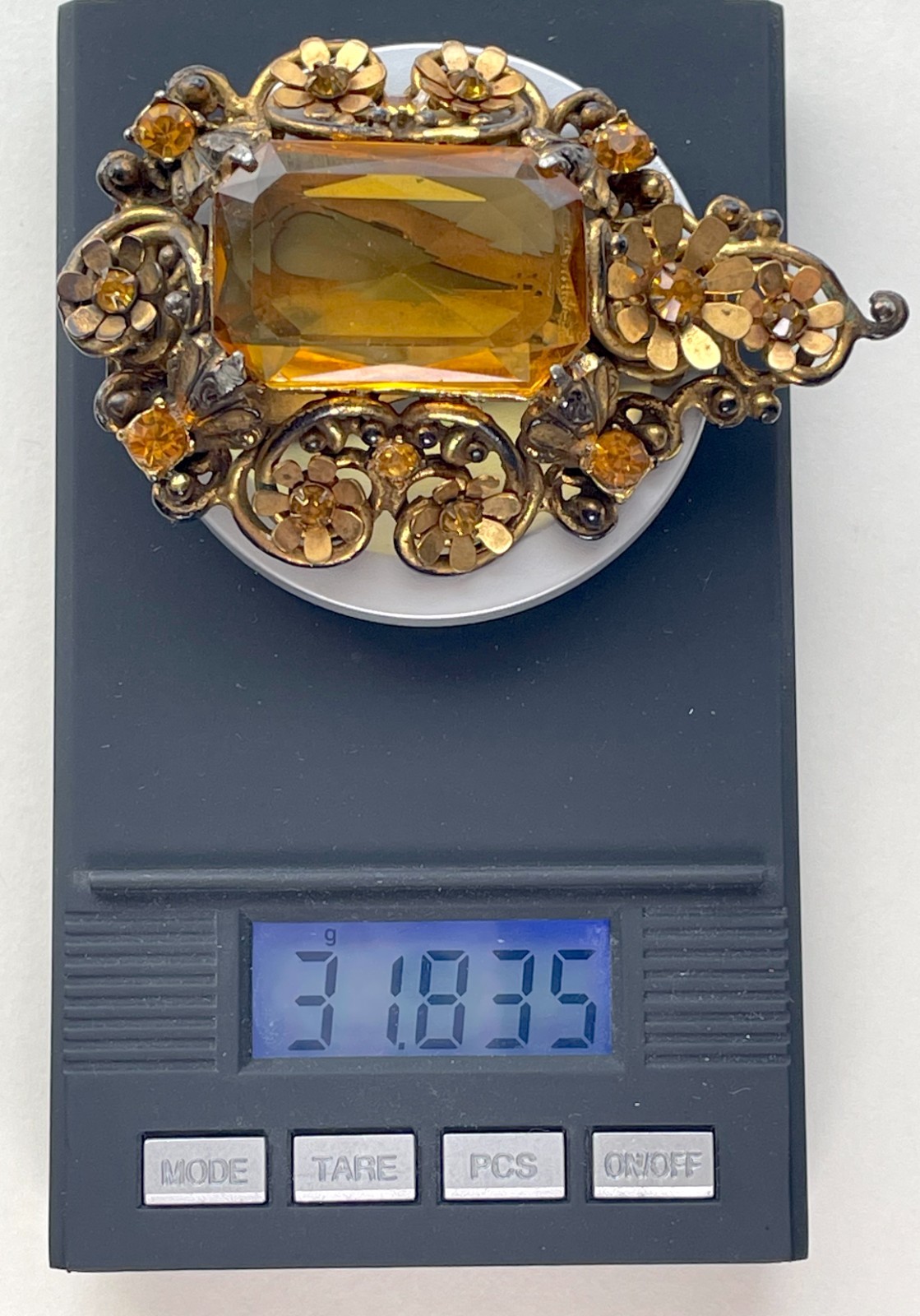 Victorian Clip Brooch | Massive Faux Citrine in Goldtone Metal – Astonishing!