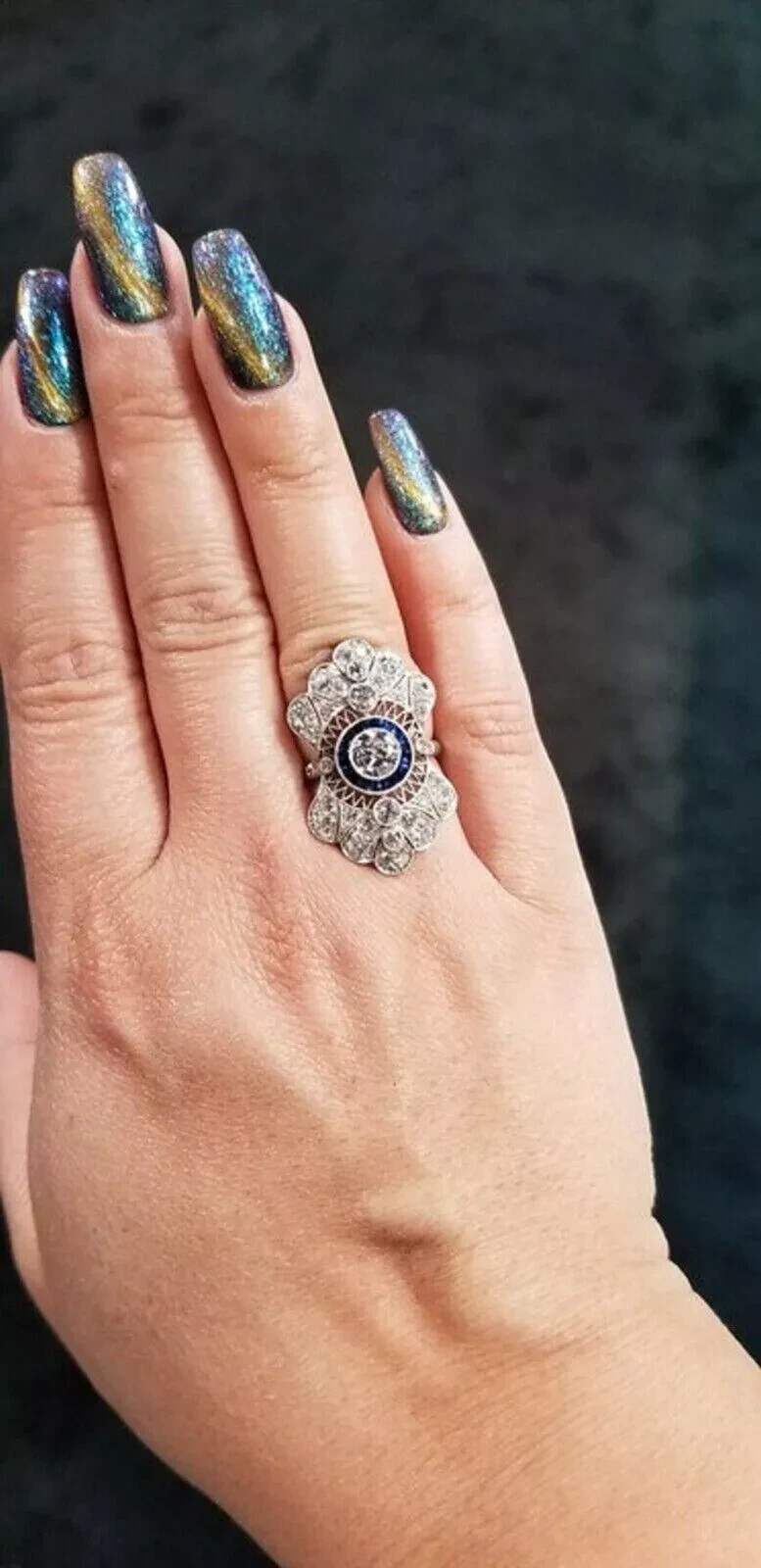 Art Deco Style 3Ct Lab Created Diamond & Sapphire Wedding 14K White Gold FN Ring