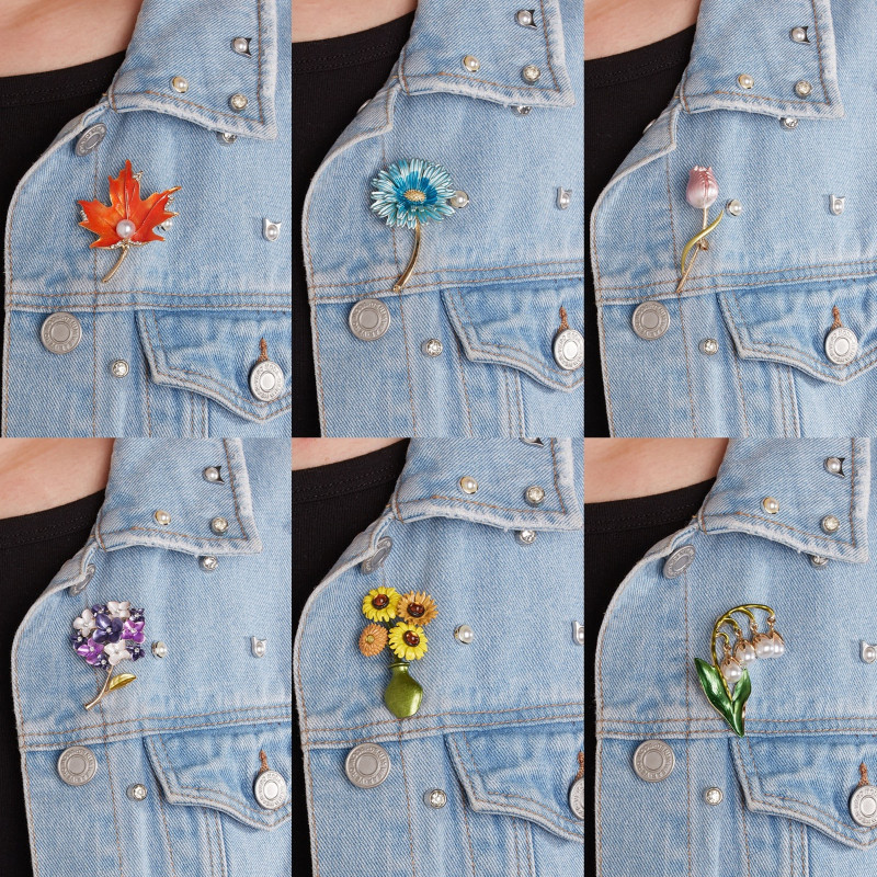 Vintage Plant Brooches For Women Elegant Flower Enamel Pin Pearl Jewelry Gift