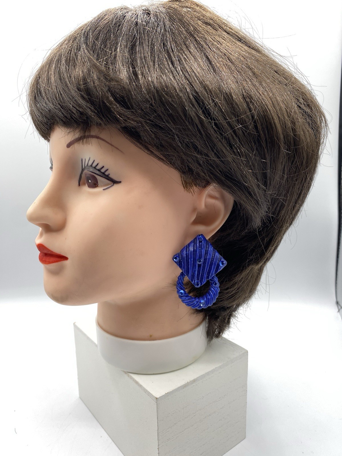Jeff Lieb Signed Blue Rhinestones Clip On Earrings Squares W/ Detachable Circles