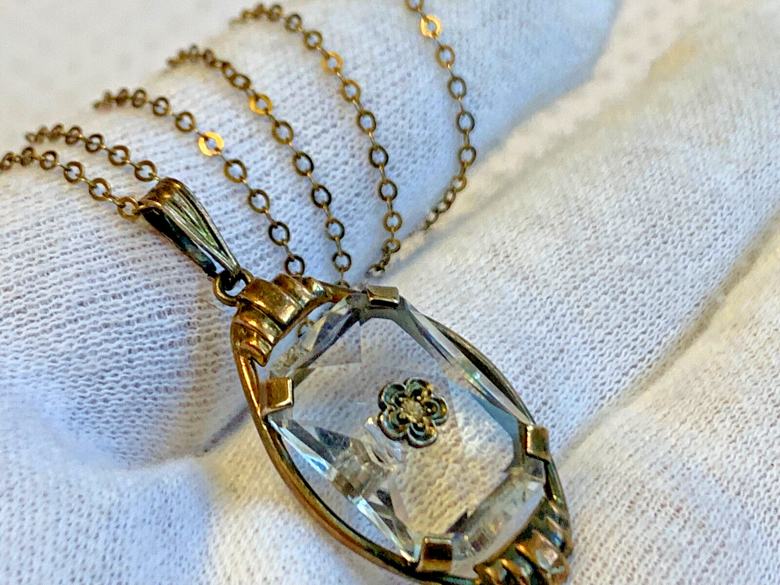 Vtg Gold Filled Necklace 18″ Jewelry Cable Chain Clear Stone Pendant
