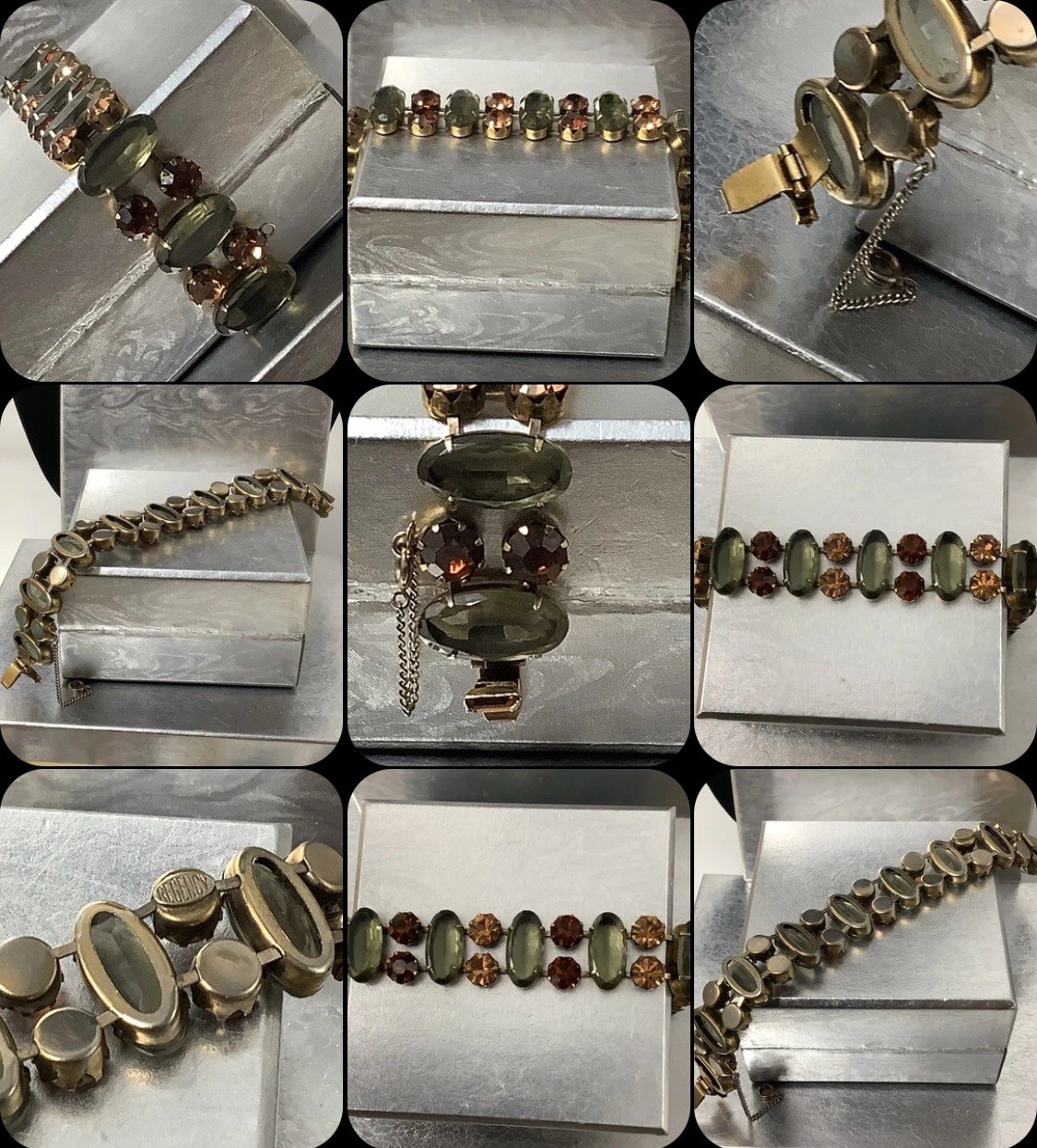 Vintage Signed Regency Golden Brown and Sage Green Crystal Bracelet 7″