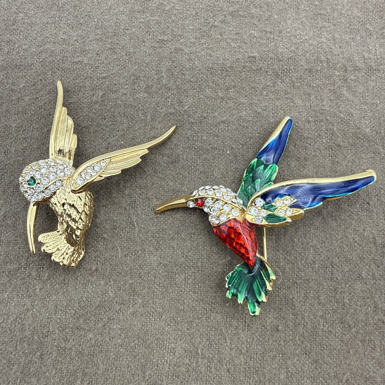Vintage Hummingbird Pins Brooches Jewelry Enamel Rhinestones Gold Tone Set of 2