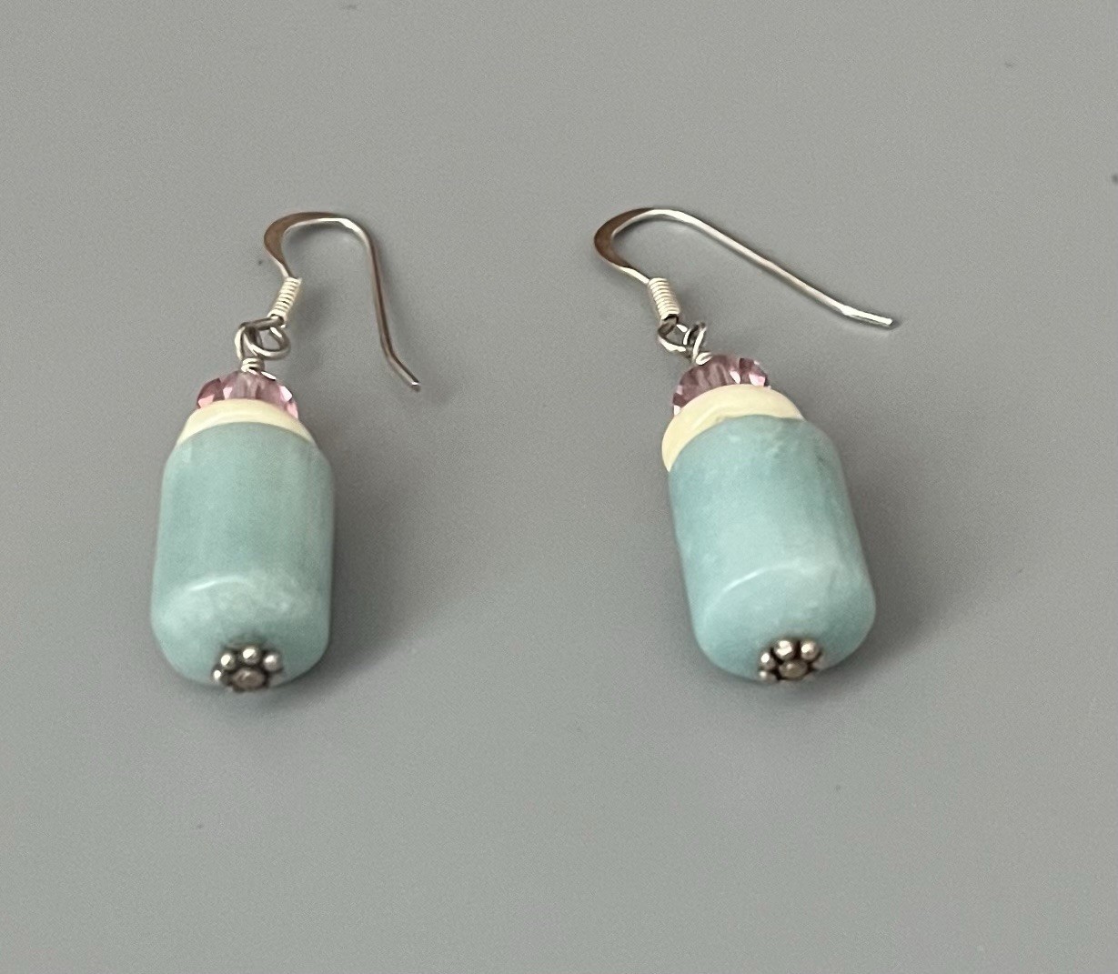 VTG SX 925 Sterling-Carved MOP-Pale Blue-Peach Stone Bracelet Wire Earring Set