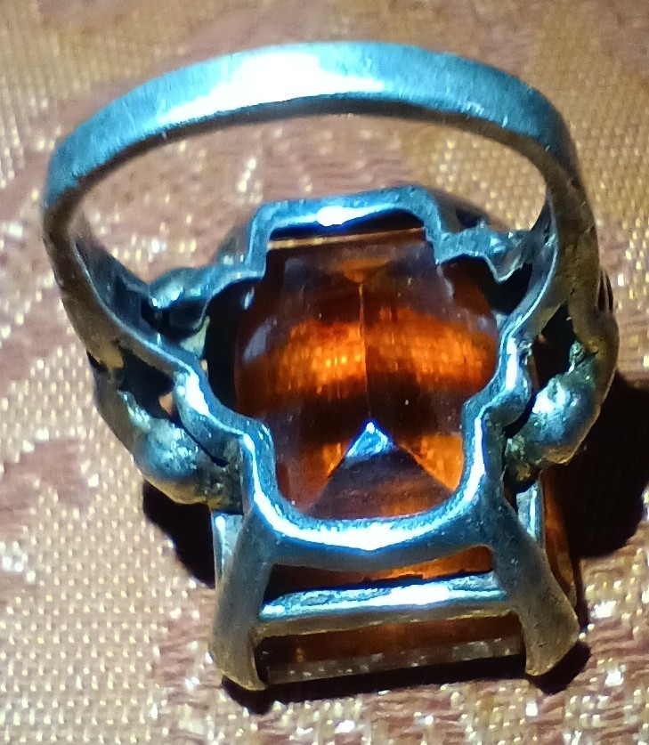 VTG Sterling Silver W/Orange Glass Setting Art Deco Style Cocktail Ring Sz 6 1/2