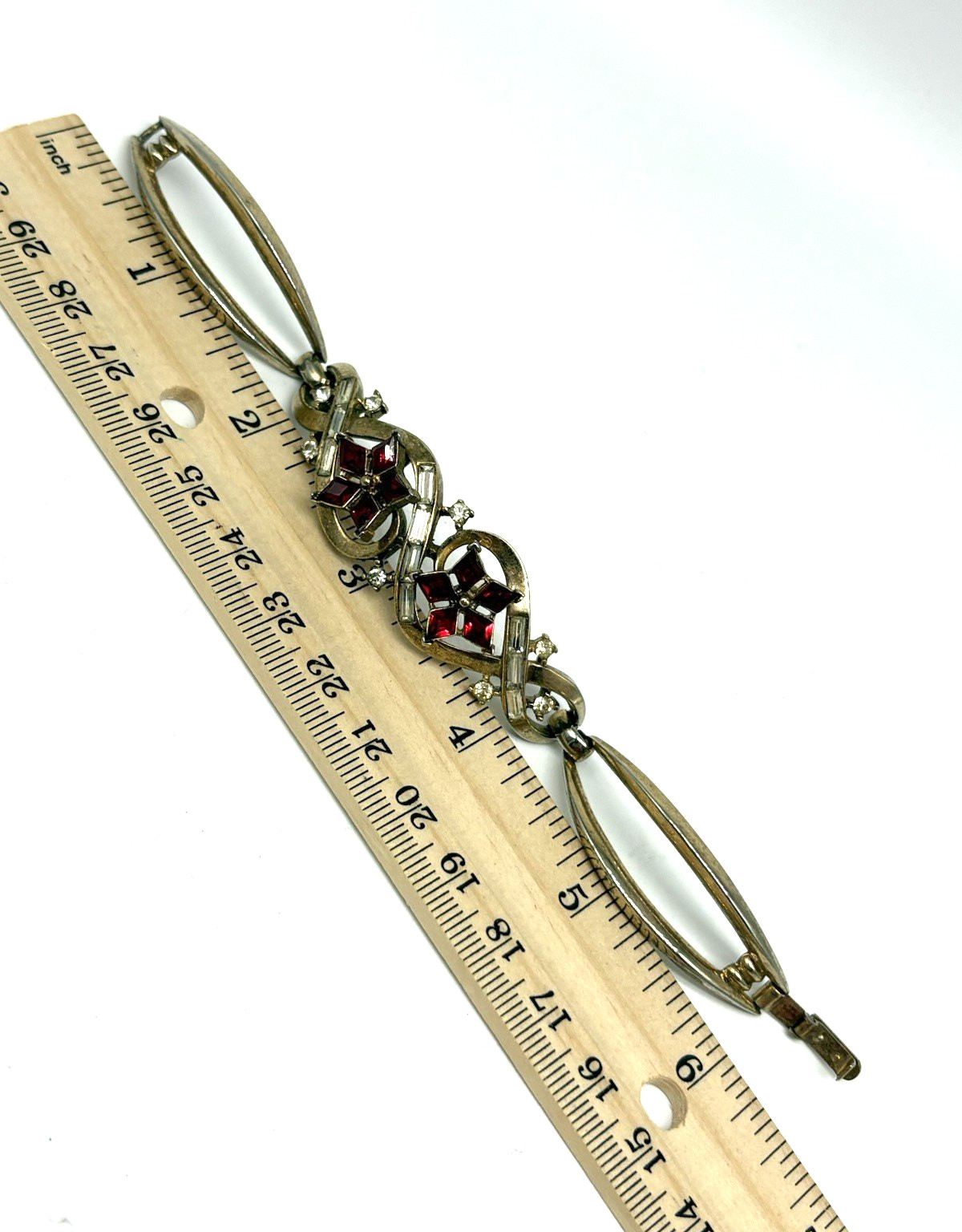 Crown Trifari Philippe Twinkle Bracelet Hinged Ruby Red Crystal Rhinestone Gold