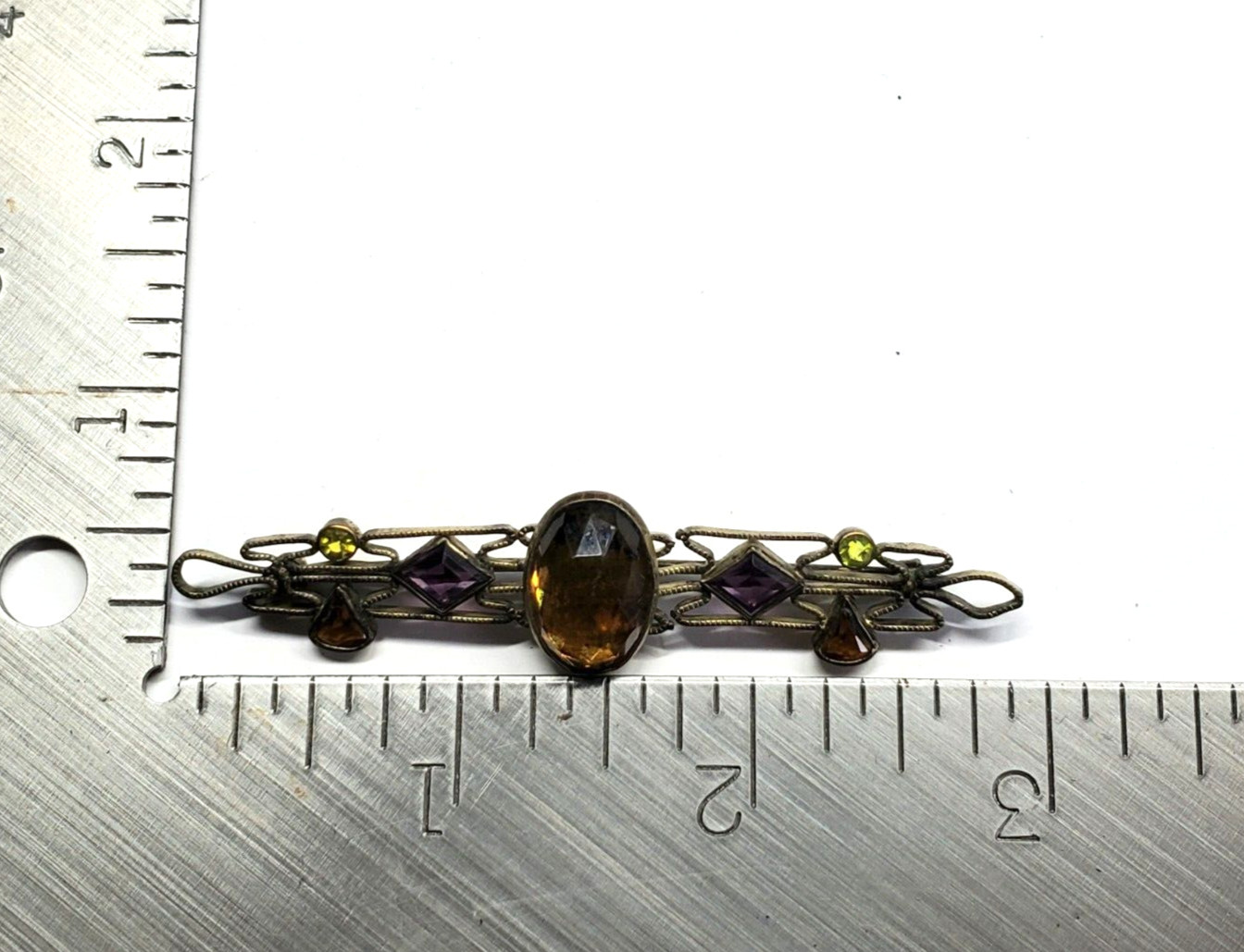 Vintage Art Deco Glass Faux Gemstone Brass Plated Filigree Bar Pin Brooch