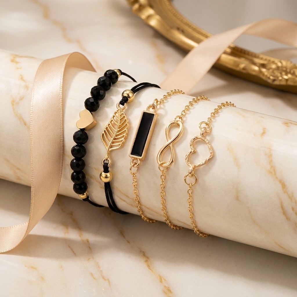 5pc Bohemian Bracelet Set Black Enamel Heart Bead Wrist Chain Women Gold Tone