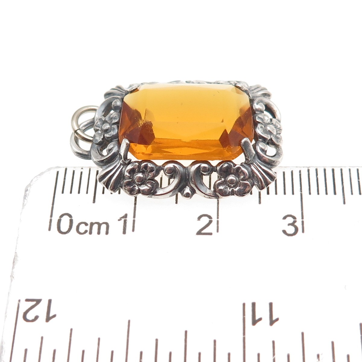 835 Silver Antique Art Deco Real Citrine Floral Oxidized Charm Pendant