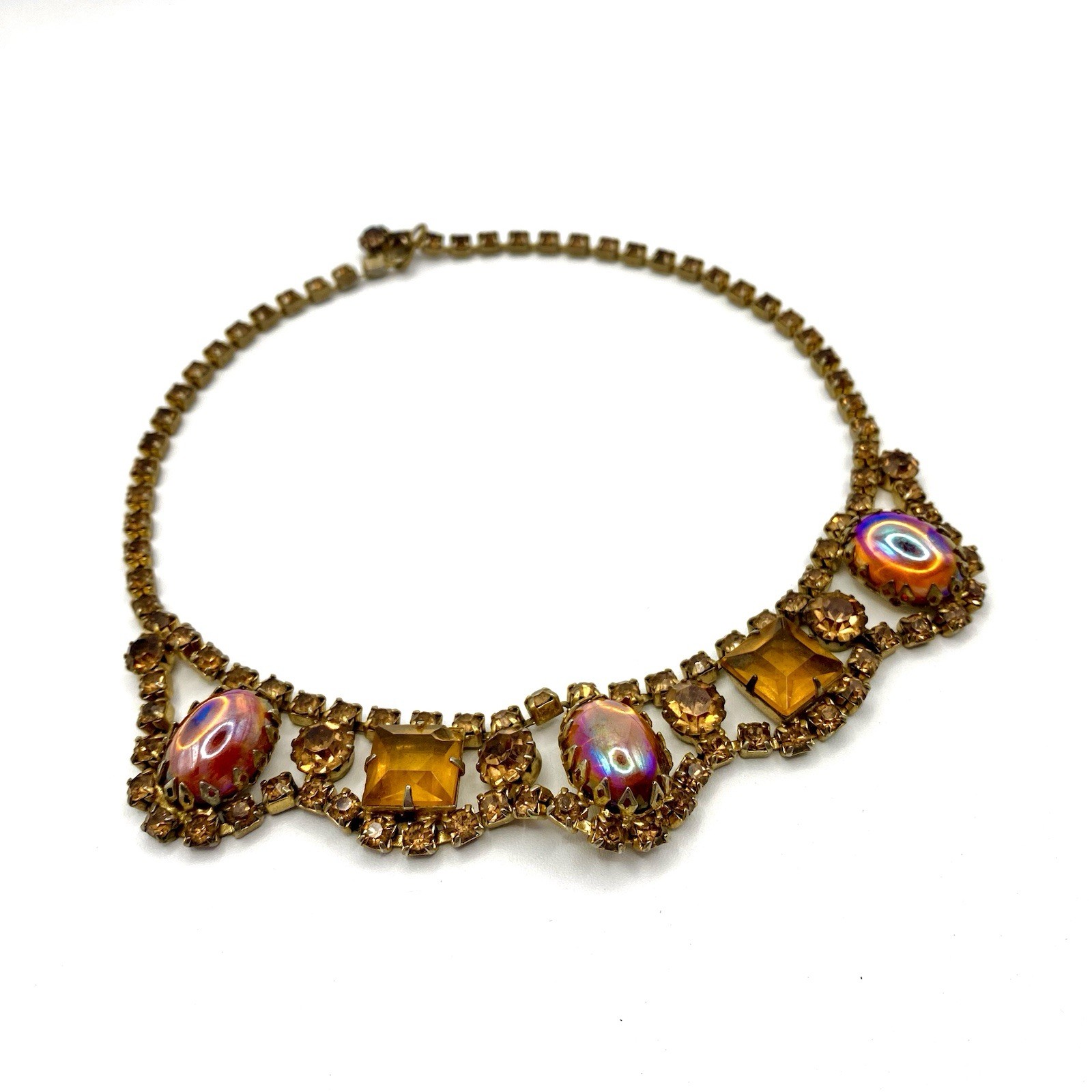 Vintage Dragon Breath Rhinestone Cabochon Necklace Flame Citrine Color Cup Prong