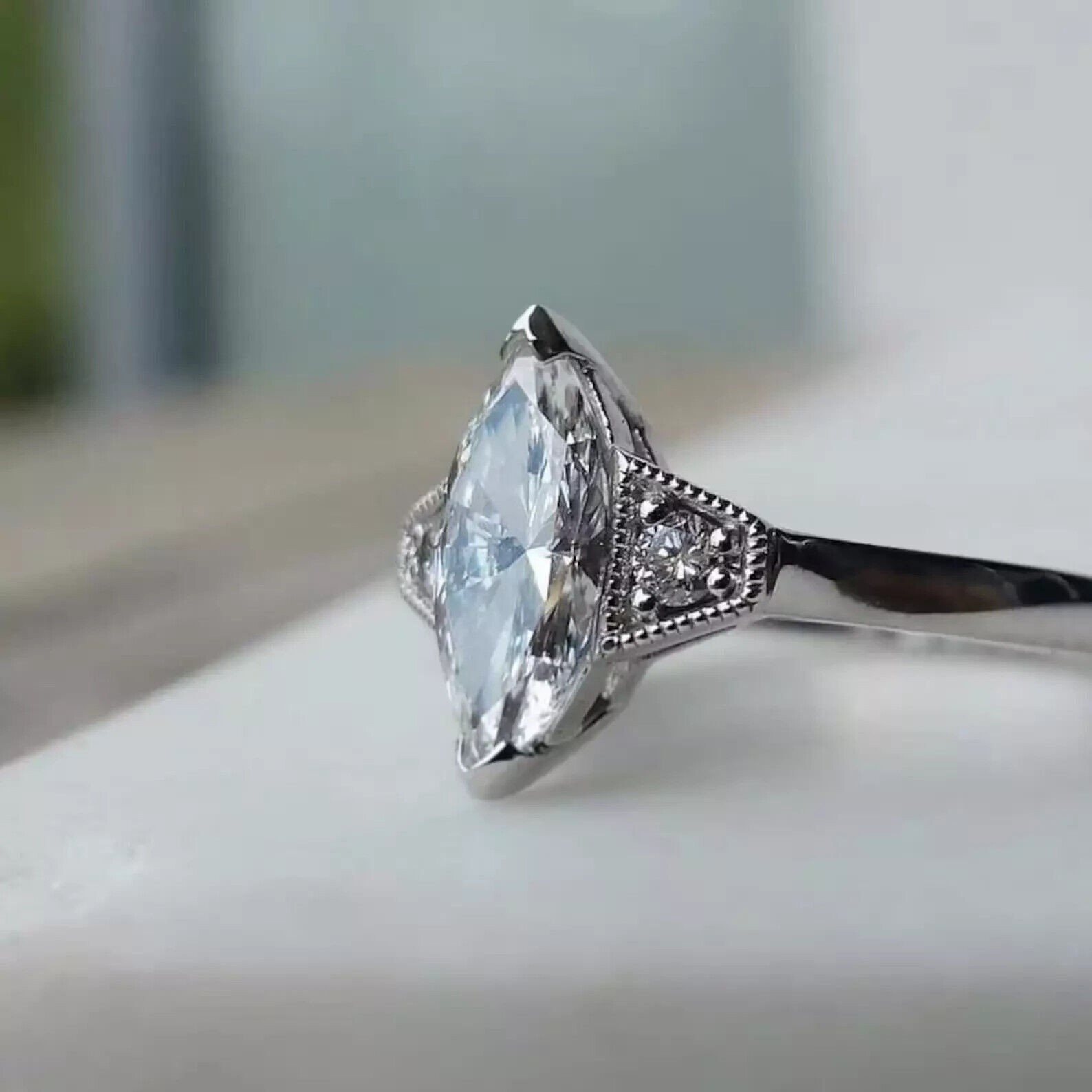 2.0Ct Marquise Lab Created Art Deco Style Engagement 925 Silver Ring Set