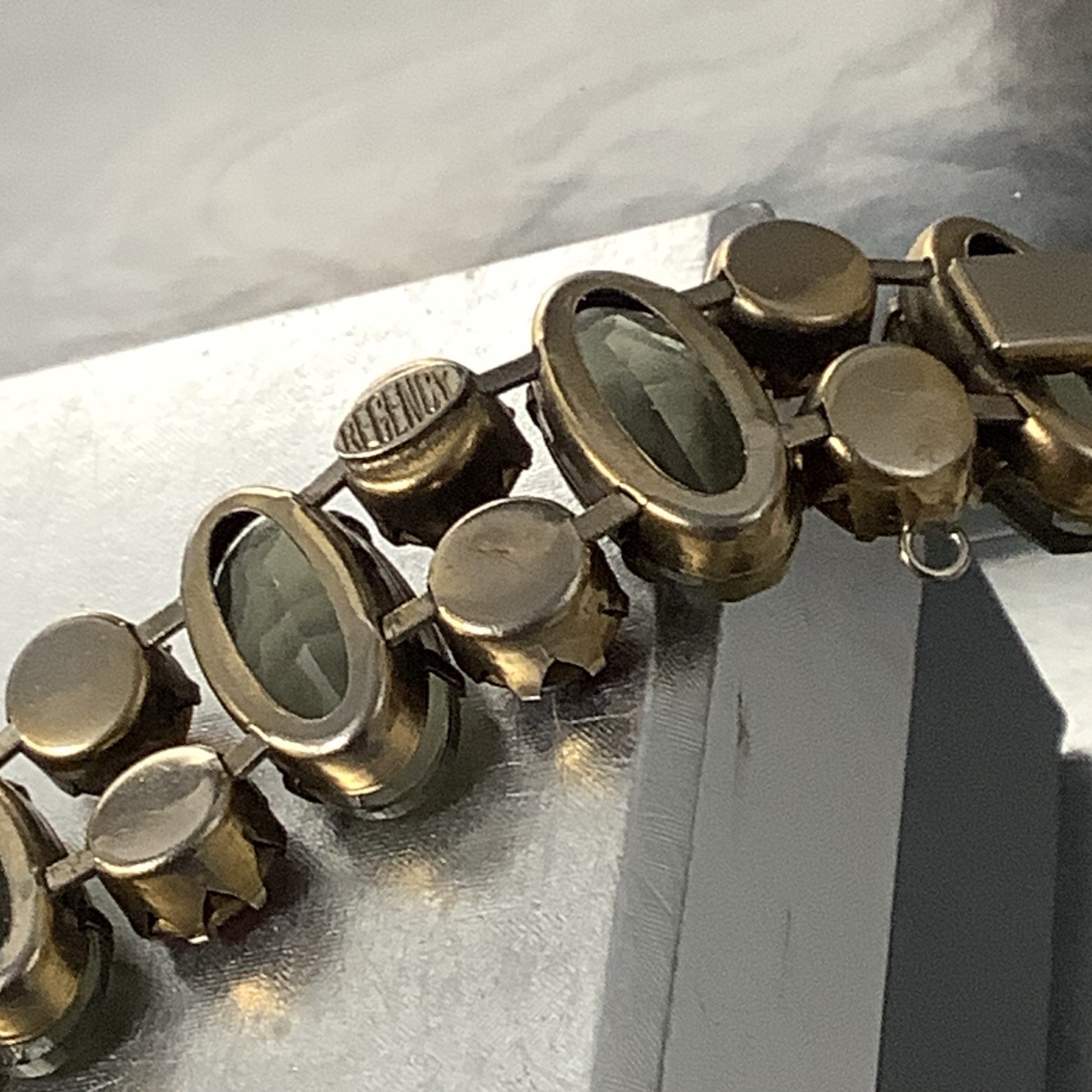 Vintage Signed Regency Golden Brown and Sage Green Crystal Bracelet 7″