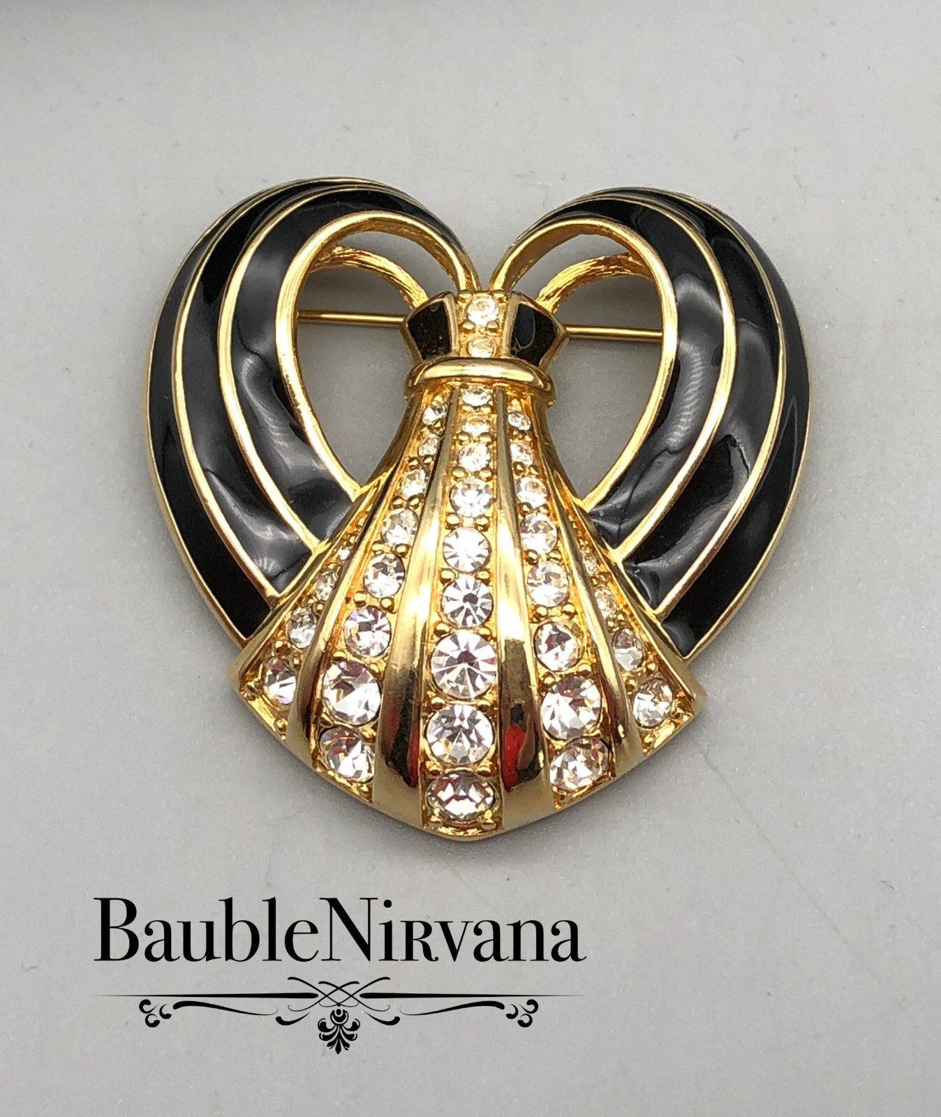Vintage Swarovski Black Enamel & Clear Austrian Crystal Heart Ribbon Brooch Pin