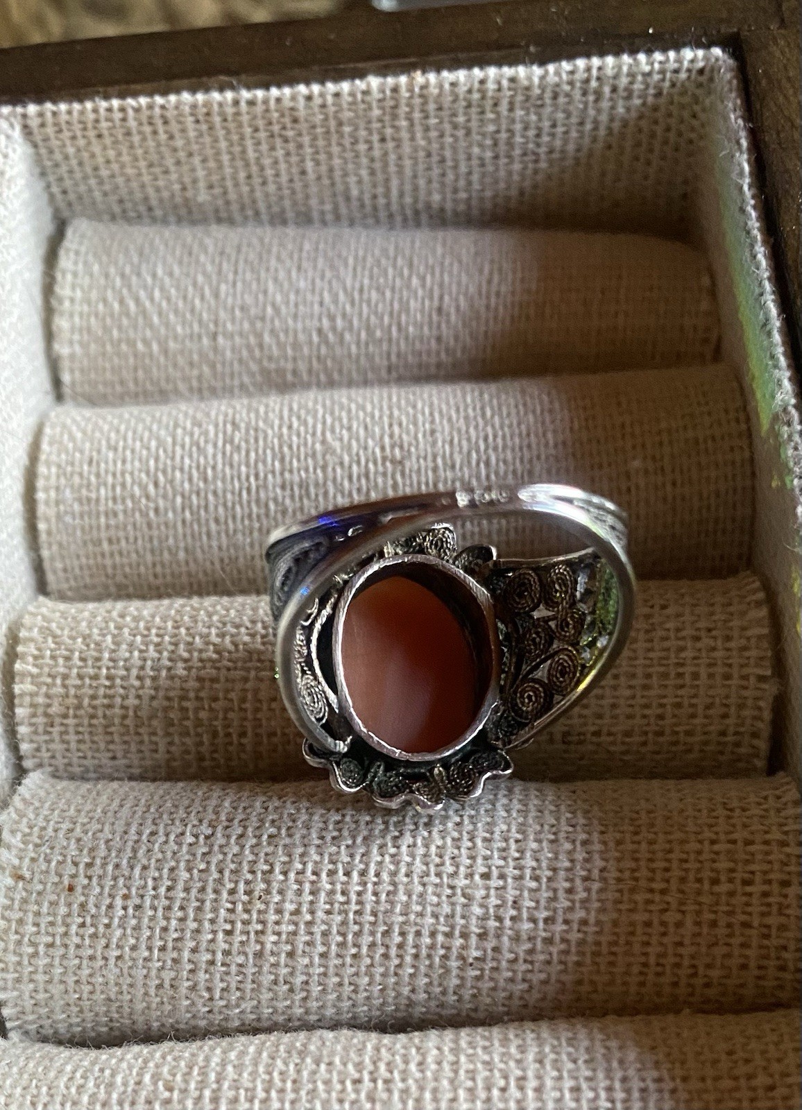 Antique Cameo Ring Burnished Sterling Silver Venetian Filigree Style Size 7.25