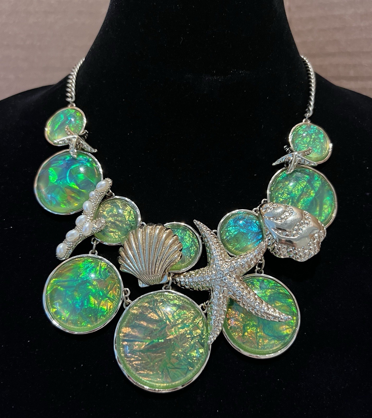 Statement MermaidCore Sea Life Bib Necklace Iridescent Green Sea Opal Starfish