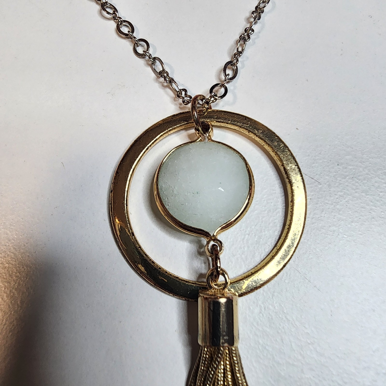 Lane Bryant Chain Tassel Necklace Vintage Gold Tone Signed Long 32″ White Stone