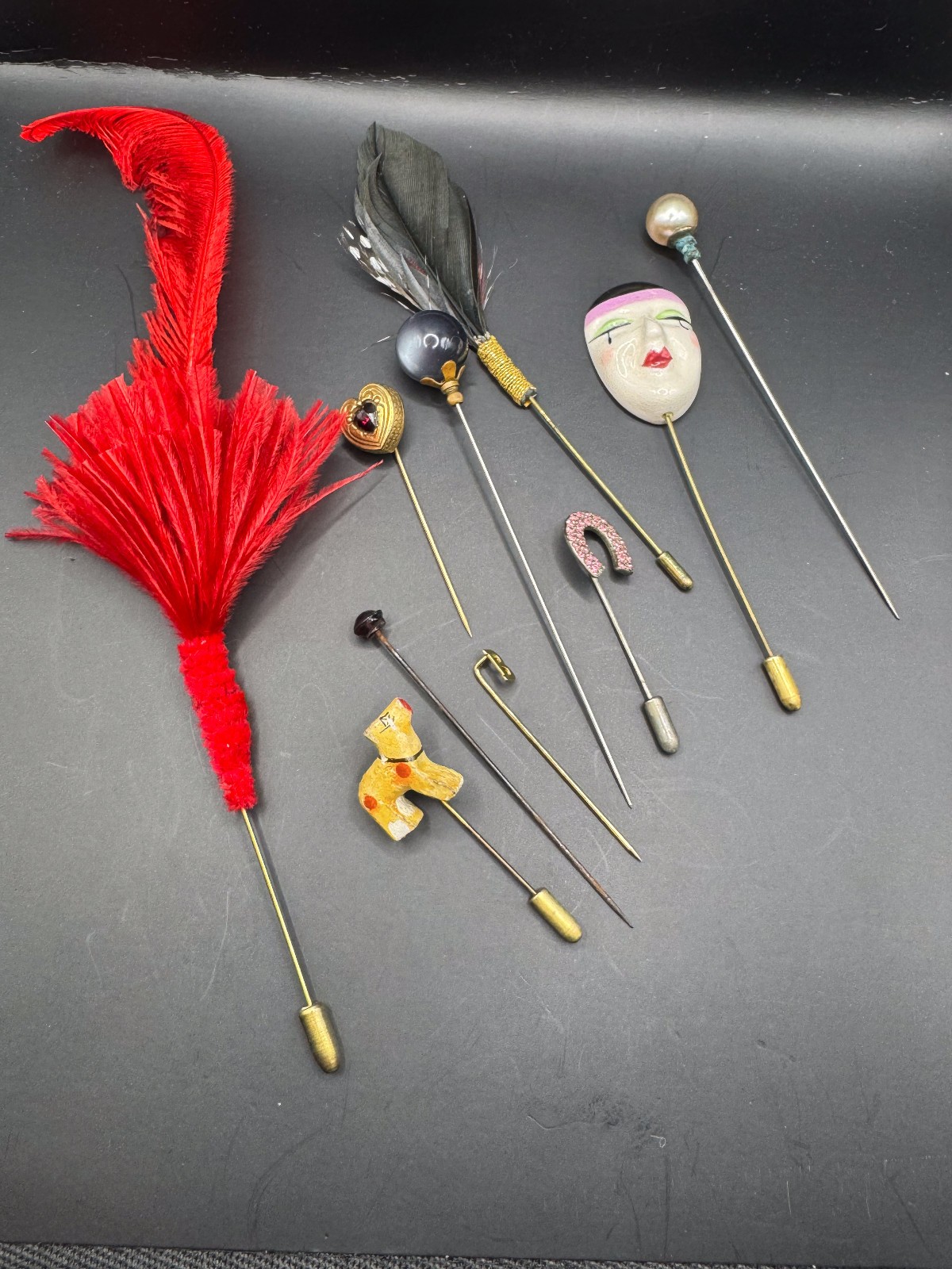 Vintage Stick Pin Lot Antique Estate Hat Pins Collection Feather Horseshoe Heart